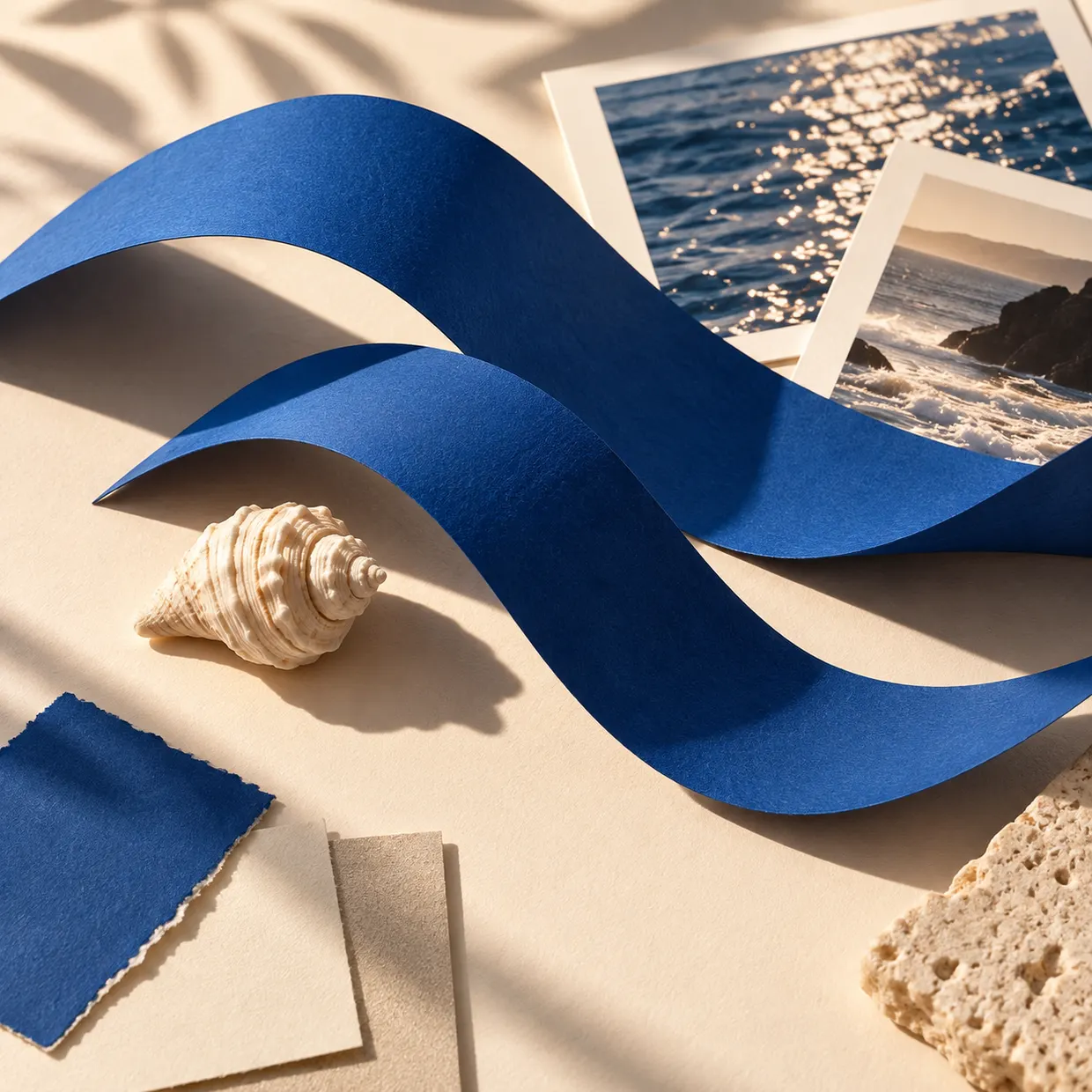 Composição conceitual da Duas Marés: ondas de papel azul, uma concha e fotografias do mar sobre fundo creme.