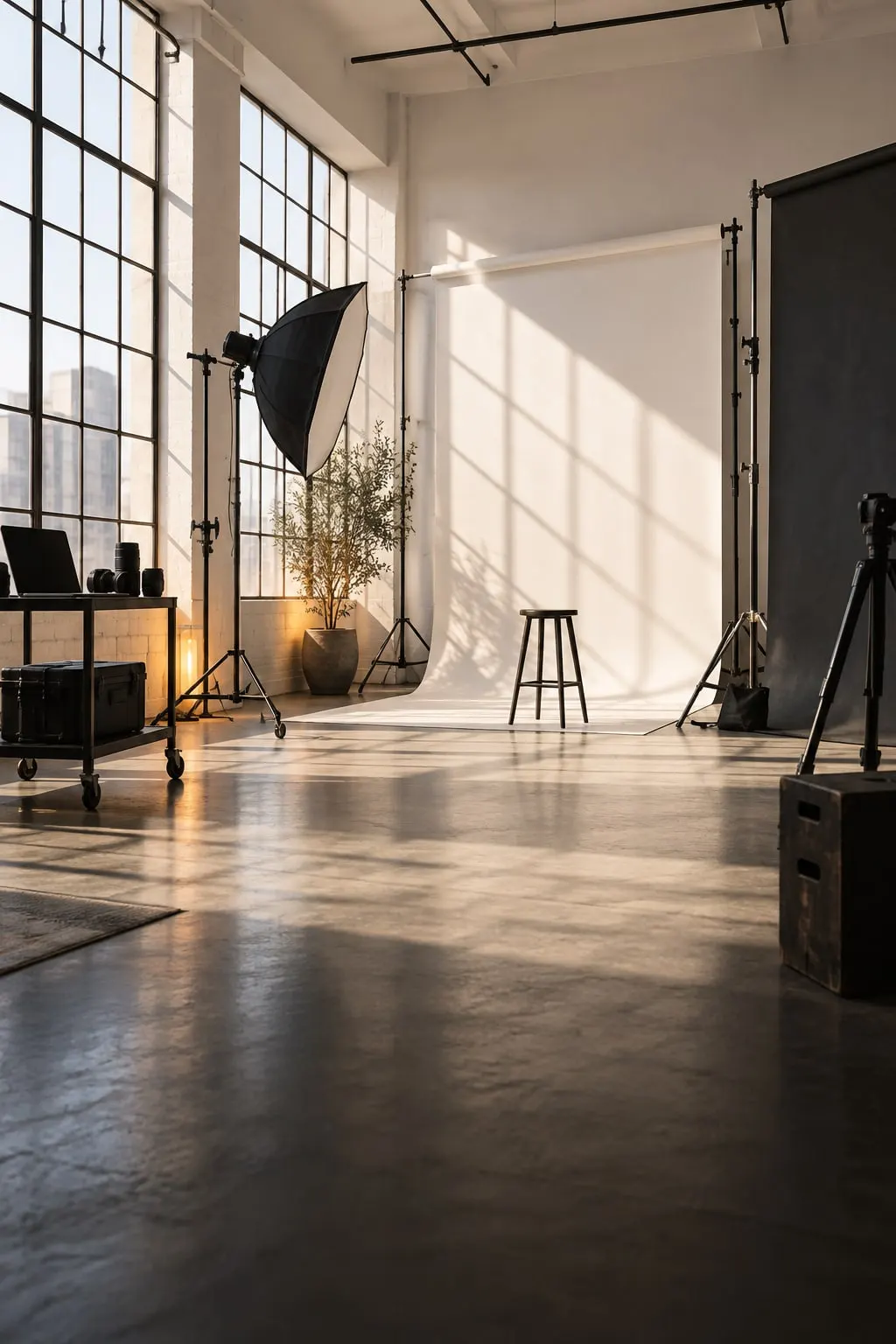 Imagem conceitual de um estúdio fotográfico com fundo, iluminação e equipamentos de produção.